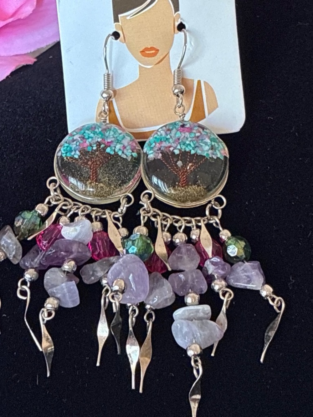 Colorful Tree Art Purple Dangle Earrings
